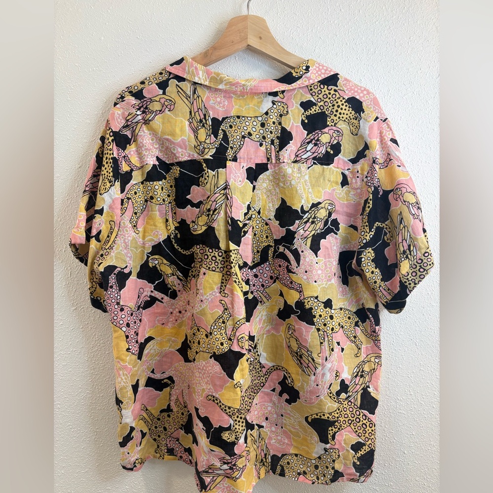 Maeve/Anthro Printed Buttondown Surf Shirt - Linen - Black/Pink/Yellow - Picture 6 of 8